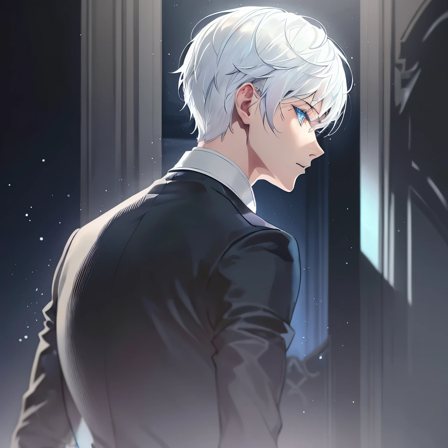 Anime guy in a suit looking out a window at the night - SeaArt AI