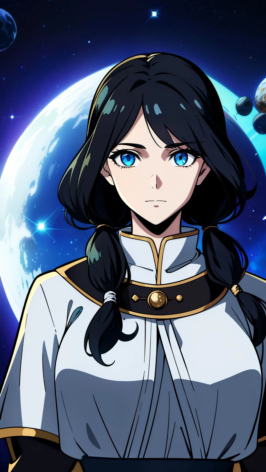 (high-quality, breathtaking),(expressive eyes, perfect face) 1female, female, solo, short height, adult, long length hair, black hair color, glowing hair, white strands in hair, unkept hair, pale blueeyes, kind expression, soft smile, cloak, shirt, fantasy mage clothing, adventurers attire, Pluto planet, Pluto Roman God of the Underworld, space background, portrait, upper body, magic, elegant, pigtails, stylized hairstyle, gorgeous flowy curly hair
