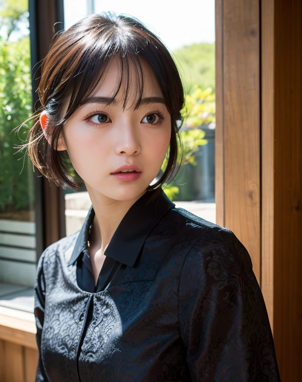 highest quality, face focus, soft light, ultra high resolution, (realistic:1.4), RAW photo,
1 japanese girl, alone, cute, black eyes,Eye Catch, detailed beautiful face, The skin texture is pure,
bob hair,black hair,outside indoors,
Damask Shirt Dress,
