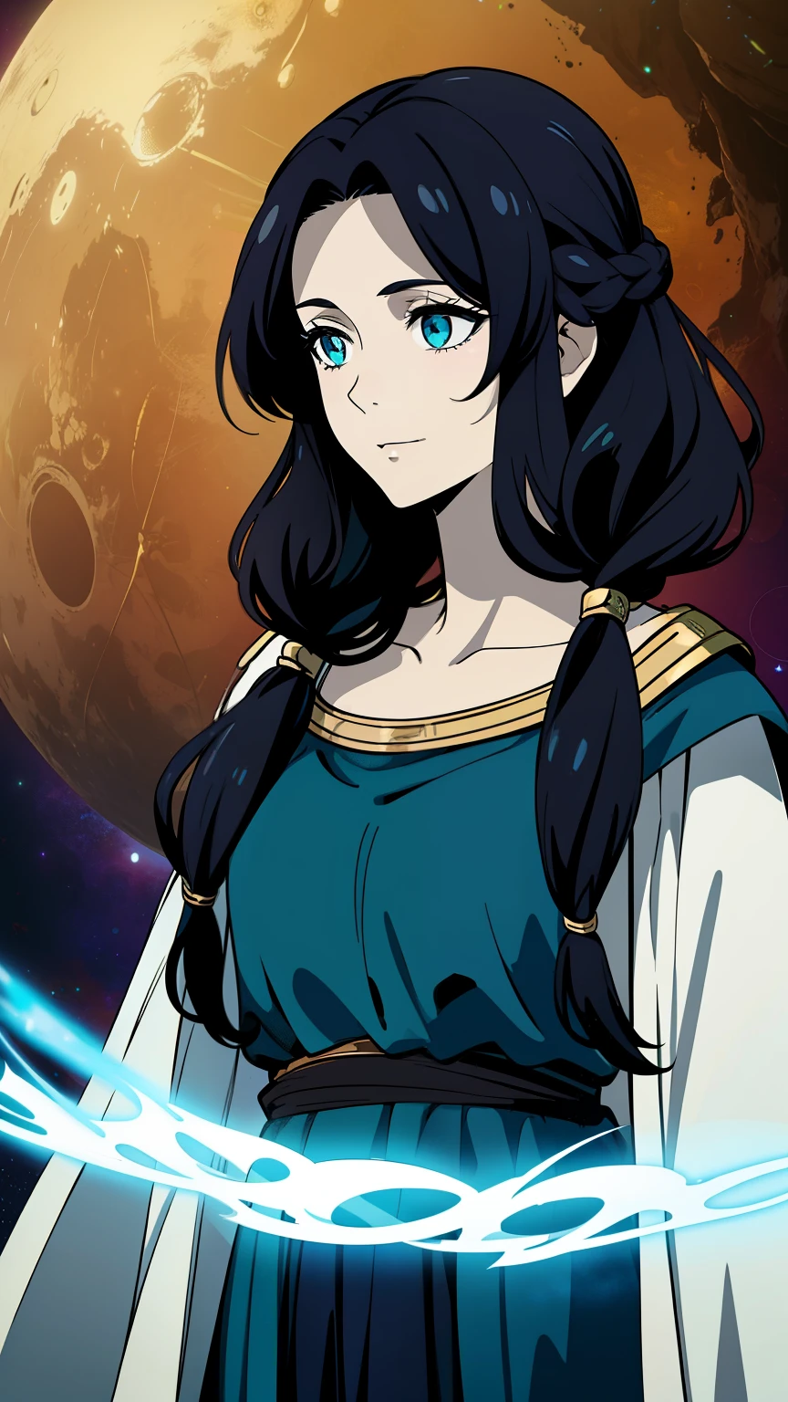 (high-quality, breathtaking),(expressive eyes, perfect face) 1female, female, solo, short height, adult, long length hair, black hair color, glowing hair, white strands in hair, unkept hair, pale light teal eyes, positive expression, soft smile, cloak, shirt, fantasy mage clothing, adventurers attire, Pluto planet, Pluto Roman God of the Underworld, space background, portrait, upper body, magic, elegant, pigtails, stylized hairstyle, gorgeous flowy curly hair, mum vibe, age 50's, Greek Clothing
