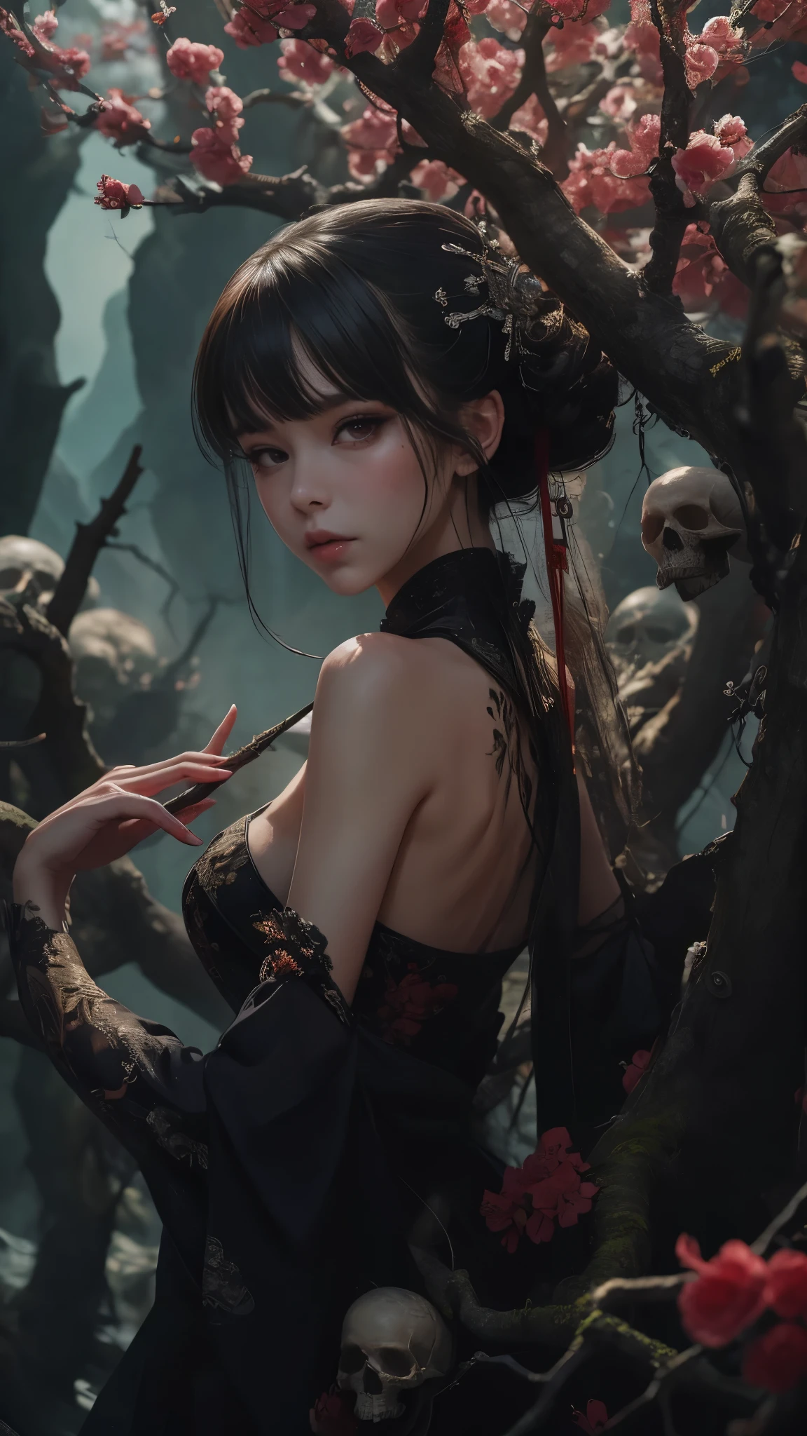 1girl,solo,UPPER body,many skulls,tree,branch,outdoors,china dress,night,masterpiece,best quality,ultra-detailed,