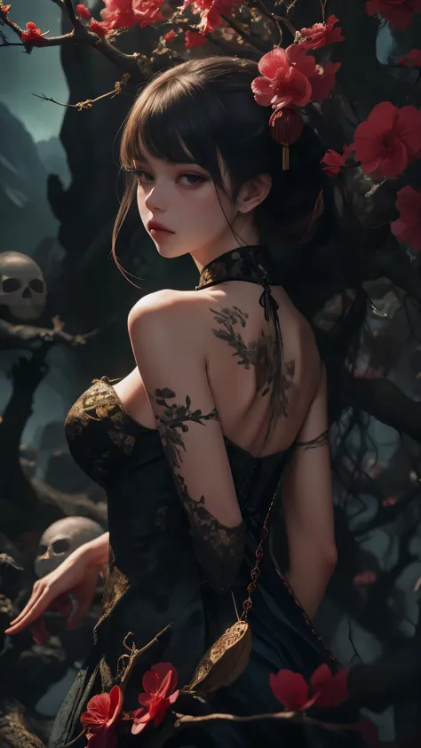 1girl,solo,UPPER body,many skulls,tree,branch,outdoors,china dress,night,masterpiece,best quality,ultra-detailed,