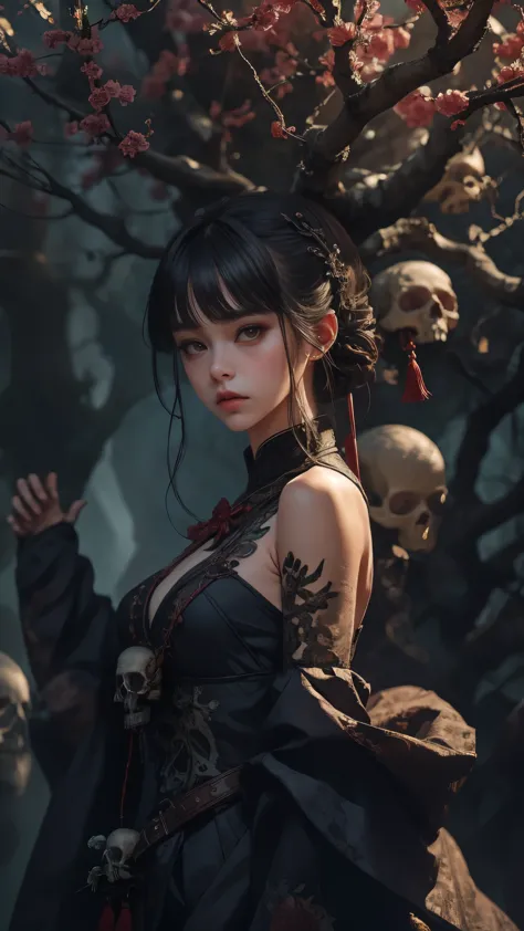 1girl,solo,UPPER body,many skulls,tree,branch,outdoors,china dress,night,masterpiece,best quality,ultra-detailed,