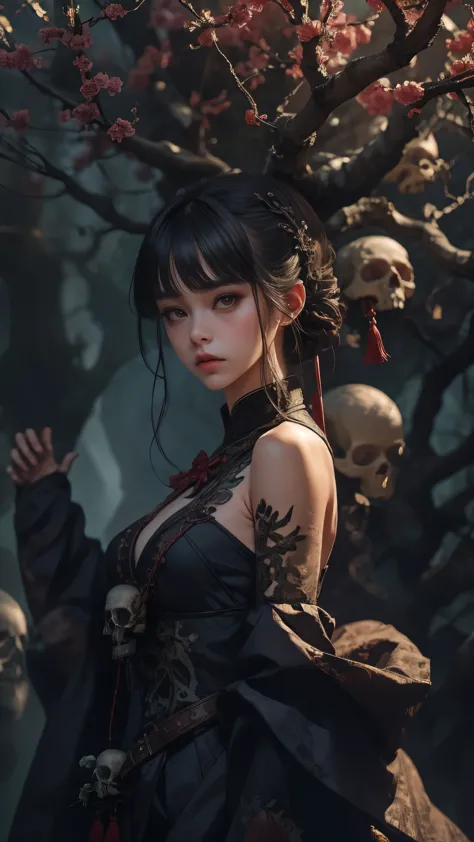 1girl,solo,upper body,many skulls,tree,branch,outdoors,china dress,night,masterpiece,best quality,ultra-detailed,