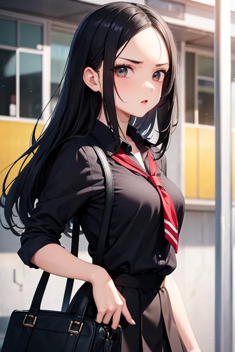 At school, a young woman, forehead, long black hair, black short skirt, bag, angry, despise, Extremely detailed, 4k