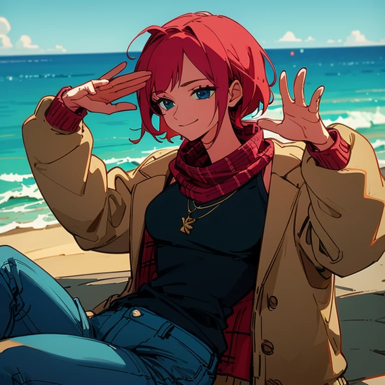 (Masterpiece: 1.5, best quality, high resolution: 1.3, super resolution, super detailed, ultra detailed: 1.3, rich background: 1.2, 1 woman)) light blue eyes + red hair + very short hair + female body + big chest + medium hips + thick thighs (short tank top, plaid jacket tied open, scarf on her head, bare abdomen, jean pants, small bag hanging from her hip, several necklaces) ((smiles, sitting with her back to the sea , waving animated, sunlight)) (colors for clothing and accessories: white, black, aquamarine green, brown, red)