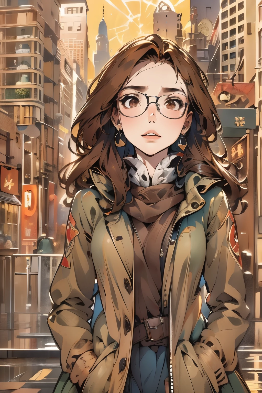 (disorganized, High resolution, Super detailed, realistic, ), 1 girl,mature, alone, long brown hair suit,brown eyes,  (Glasseodern city background, Super detailedな, highest quality, Detail view, vectorized, 8K,  graphic design, vector lines, Full HD，whole body