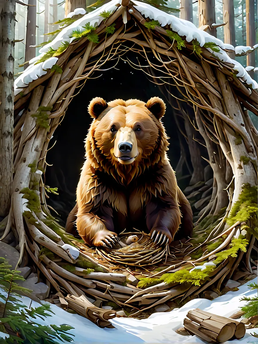 ((Image of hibernating brown bear den))，Emphasize the unique character and style of the nest。The nest should be located in a sno...