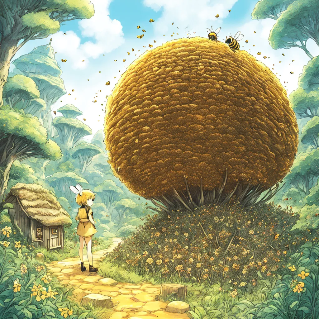 best quality, manga, anime, honey overflows from the beehive, nests, fantasy world