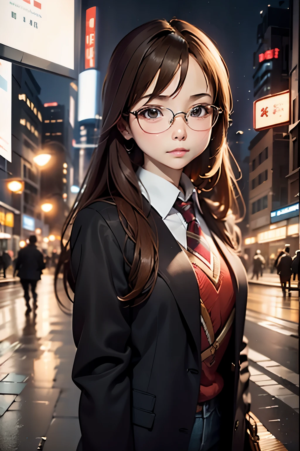 (disorganized, High resolution, Super detailed, realistic, ), 1 girl,mature, alone, long brown hair suit,brown eyes,  (Glasseodern city background, Super detailedな, highest quality, Detail view, vectorized, 8K,  graphic design, vector lines, Full HD，whole body