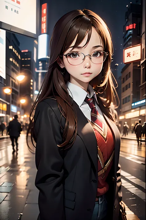 (disorganized, High resolution, Super detailed, realistic, ), 1 girl,mature, alone, long brown hair suit,brown eyes,  (Glasses)，...