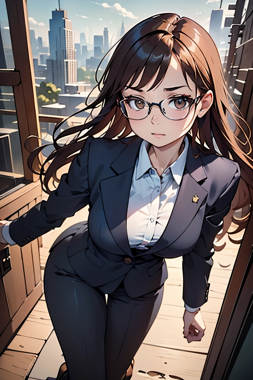 (disorganized, High resolution, Super detailed, realistic, ), 1 girl,mature, alone, long brown hair 、((business suit)),brown eyes,  (Glasseodern city background, Super detailedな, highest quality, Detail view, vectorized, 8K,  graphic design, vector lines, Full HD，whole body