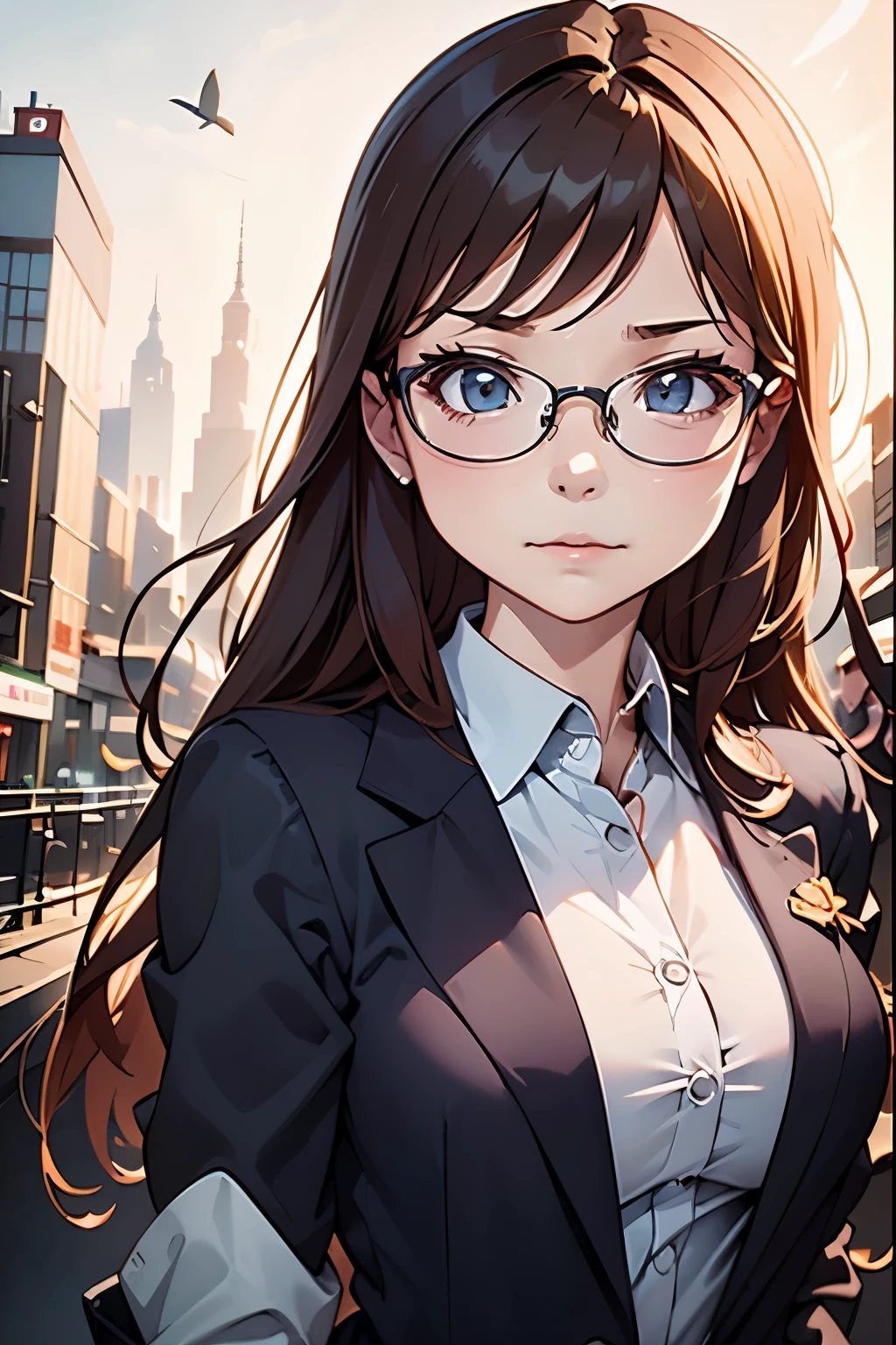 (disorganized, High resolution, Super detailed, realistic, ), 1 girl,mature, alone, long brown hair 、((business suit)),brown eyes,  (Glasseodern city background, Super detailedな, highest quality, Detail view, vectorized, 8K,  graphic design, vector lines, Full HD，whole body