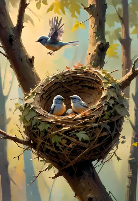 ((nature_painting:)1.5), ((soft_color_tones):1.4), ((lively forest background):1.3), ((soft color baby birds):1.4)),((bird eye v...