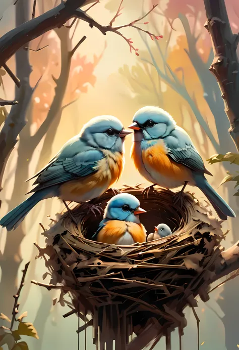 ((soft_color_painting:)1.5), ((soft_color_tones):1.4), ((lively forest background):1.3), ((soft color baby birds):1.4)),((bird e...