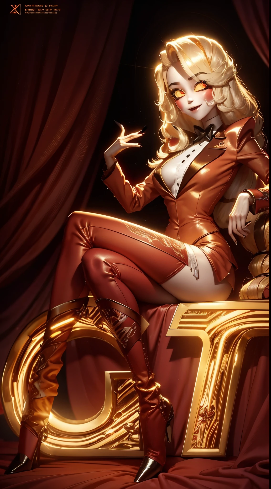 Distorted fantasy letters, (Letters in the background), symmetric, (Gold bars ), diamonds, Charlie Morningstar, long hair, red costume, red pants, 1 girl, yellow sclera, blonde hair, White skin, perfect anatomy, smiling, is sitting, The head is turned towards the viewer