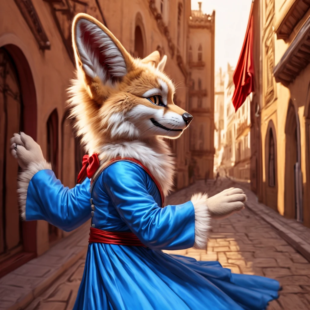 Fennec, female, profile, smile, flamenco, dancer, street, spain, spanish, fluffy, furry, tail, photorealistic, masterpiece, adorable, blue dress, profile, looking at me, giving me her paw, hand palm