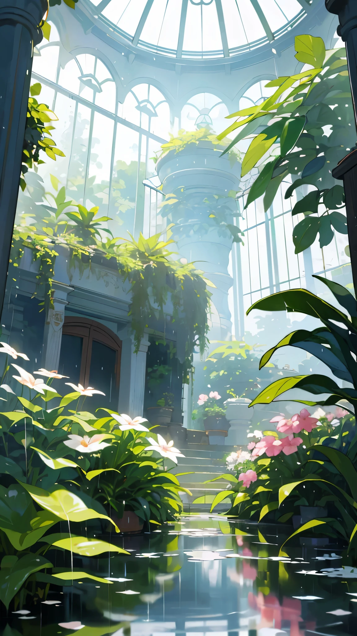 (top quality, masterpiece, ultra-realistic), rainy day, raining, wet ground, puddle, indoor botanical garden, dome, lots of flowers, dense mass plants, the background landscape is a garden with petals and puffs flying around. --v6