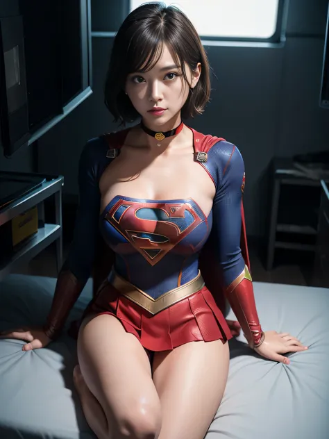 masterpiece、supergirl costume、short hair、barefoot、big and full breasts、operating room、operating table、straddle、Tattered、shiny、look at the camera、Seduce、choker、red mini skirt、long sleeve、Cowgirl、Estrus