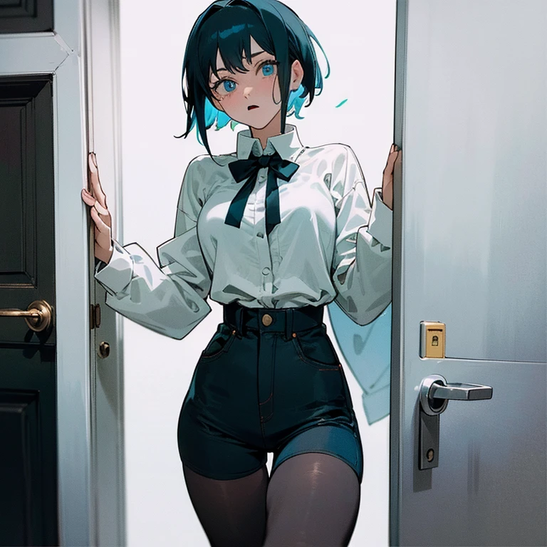 (Masterpiece: 1.5, best quality, high resolution: 1.3, super resolution, super detailed, ultra detailed: 1.3, rich background: 1.2, 1 woman)) deep blue eyes + pale hair + very short hair + female body + big chest + medium hips + thick thighs + long legs (oversized turtleneck shirt with long sleeves, short jean shorts, dark pantyhose, bow tying part of her hair) ((confused expression, opening a door, striking eyes)) (colors for clothing and accessories: white, black, aquamarine green, blue)