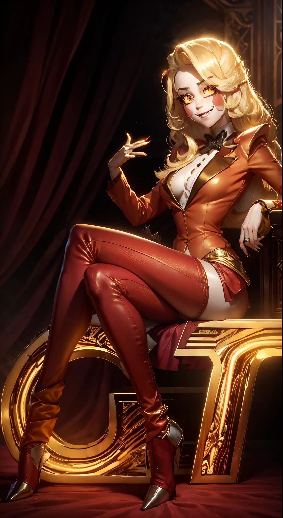 Distorted fantasy letters, (Letters in the background), symmetric, (Gold bars ), diamonds, Charlie Morningstar, long hair, red costume, red pants, 1 girl, yellow sclera, blonde hair, White skin, perfect anatomy, smiling, is sitting, The head is turned towards the viewer