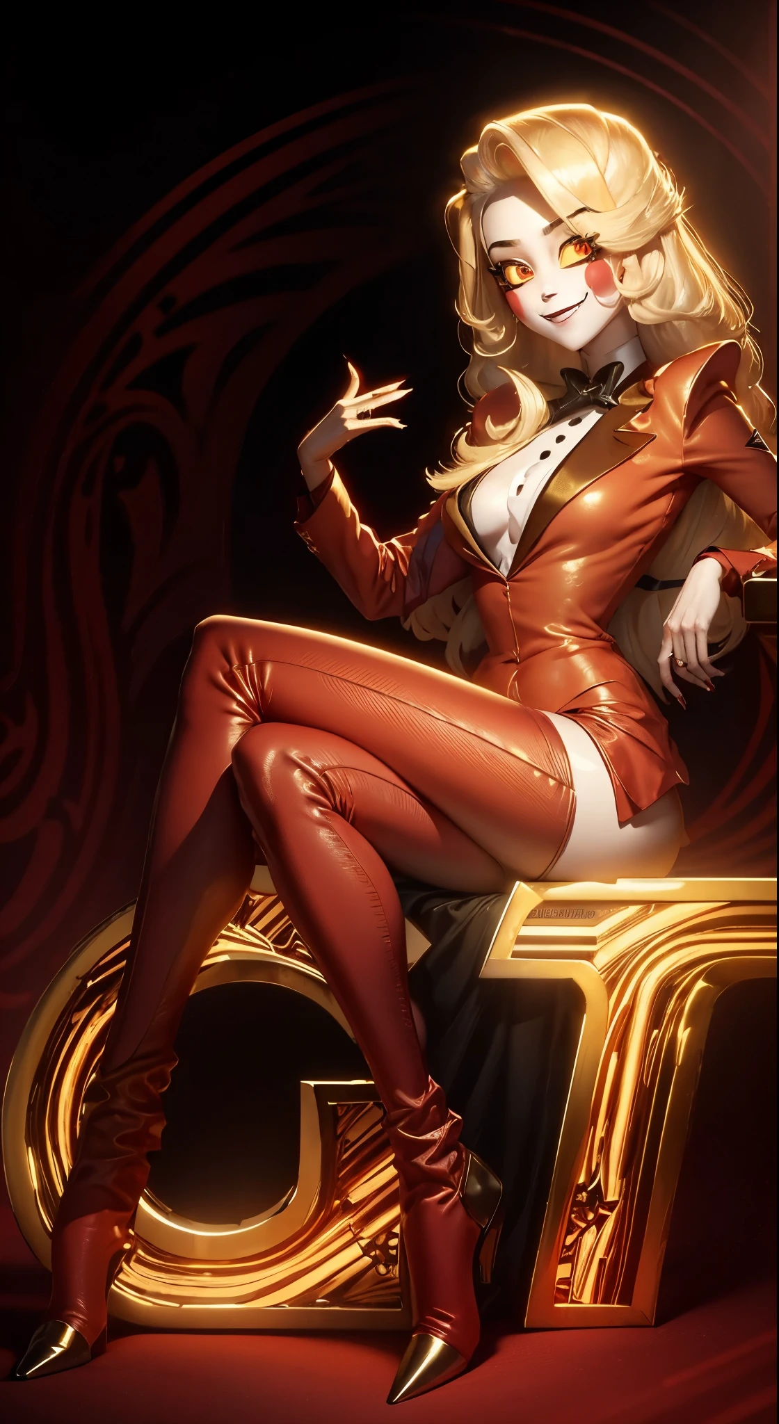 Distorted fantasy letters, (Letters in the background), symmetric, (Gold bars ), diamonds, Charlie Morningstar, long hair, red costume, red pants, 1 girl, yellow sclera, blonde hair, White skin, perfect anatomy, smiling, is sitting, The head is turned towards the viewer