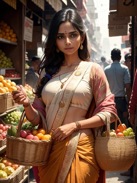 1Indian woman in sari, slight smile, in the bazaar in Delhi, carries a basket of vegetables, hyper realisitc, real-photo, ultra ...