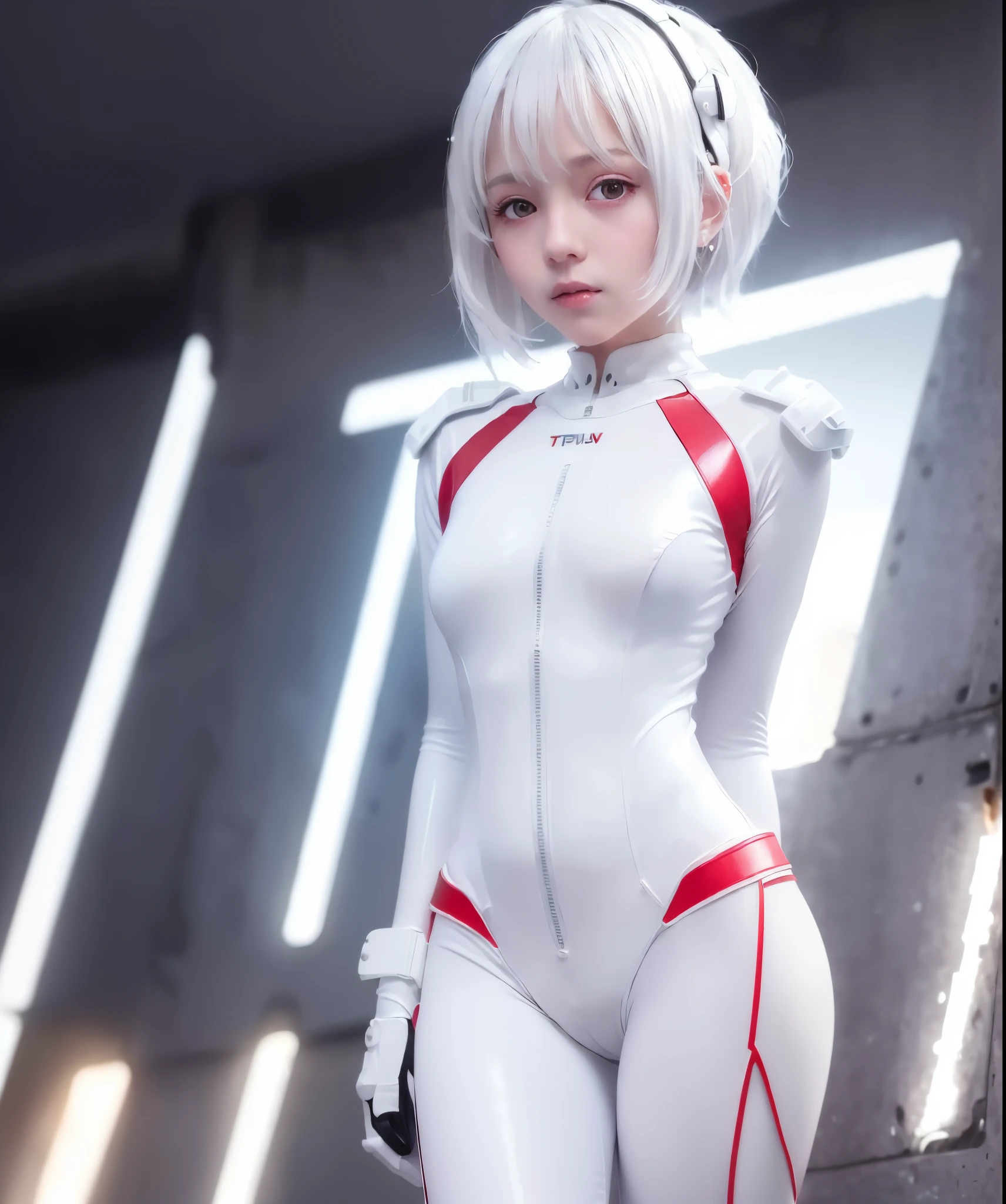 (8K, highest quality, masterpiece:1.2),High resolution,masterpiece,ultra detail,alone,1of girl,(white color of background:1.5),(Delicate eye),((whitehair)), short_hair, starry_null,  alone, night_null, red_eye, red_ background, silver latex bodysuit, pilot_suit, fronthair, light_particle, ((triangular psychosensory apparatus on both sides of the head)), taut_clothes, medium-breasted, bokeh, mechanical-like clothing, Small logo pattern on chest zero, Vaginal Foreign Object Insertion,Very cute human  girl face, 
