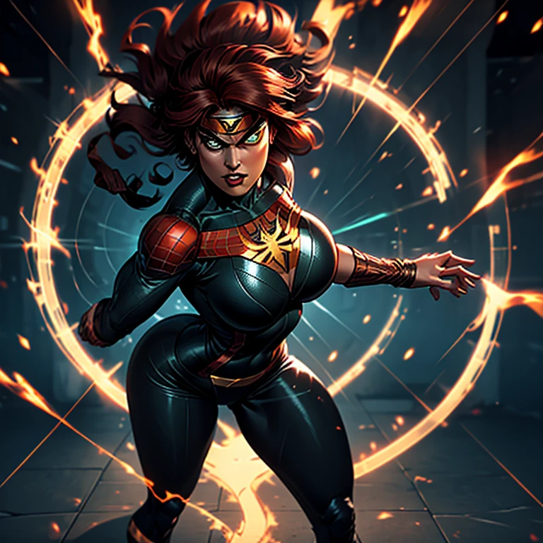 Spider-Woman, a bold and agile heroine around 30 years old, flaunts her curvaceous figure with ample bosom. Her jet-black costume perfectly complements her long, curly red hair that cascades down her broad shoulders. Her piercing green eyes are focused and determined, as she stands before a mirror, adjusting her iconic web-shooters on her wrists.