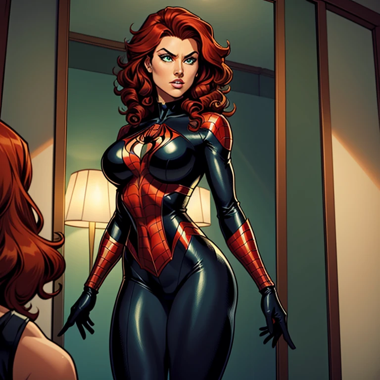 Spider-Woman, a bold and agile heroine around 30 years old, flaunts her curvaceous figure with ample bosom. Her jet-black costume perfectly complements her long, curly red hair that cascades down her broad shoulders. Her piercing green eyes are focused and determined, as she stands before a mirror, adjusting her iconic web-shooters on her wrists.