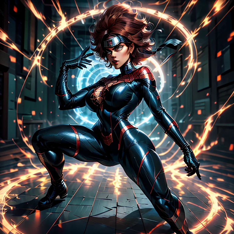 Spider-Woman, a bold and agile heroine around 30 years old, flaunts her curvaceous figure with ample bosom. Her jet-black costume perfectly complements her long, curly red hair that cascades down her broad shoulders. Her piercing green eyes are focused and determined, as she stands before a mirror, adjusting her iconic web-shooters on her wrists.