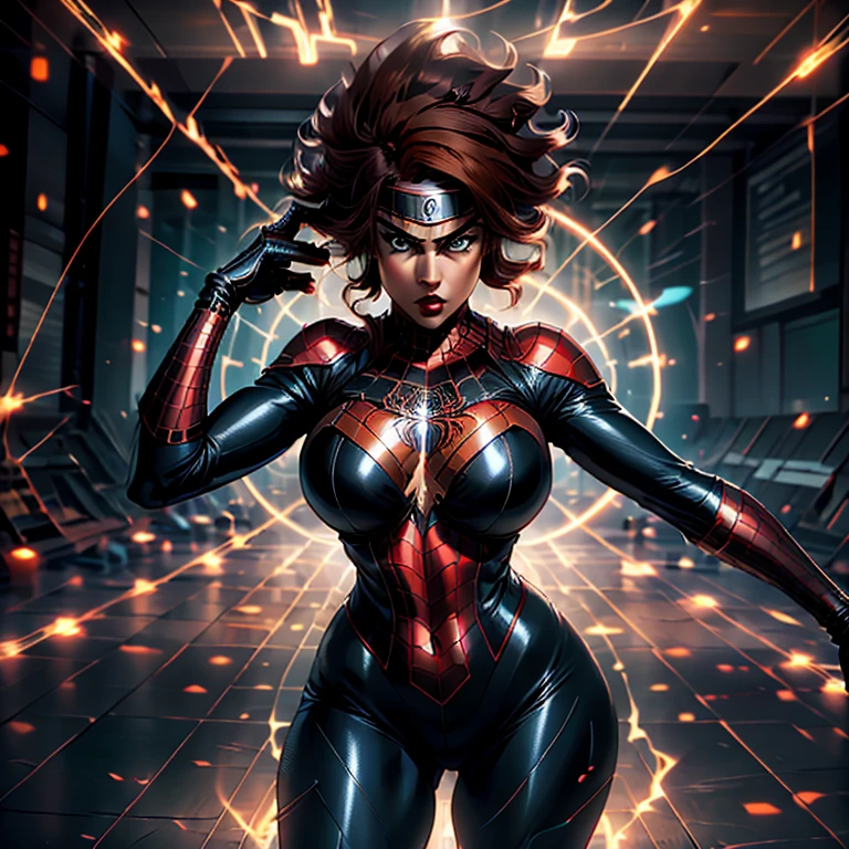 Spider-Woman, a bold and agile heroine around 30 years old, flaunts her curvaceous figure with ample bosom. Her jet-black costume perfectly complements her long, curly red hair that cascades down her broad shoulders. Her piercing green eyes are focused and determined, as she stands before a mirror, adjusting her iconic web-shooters on her wrists.