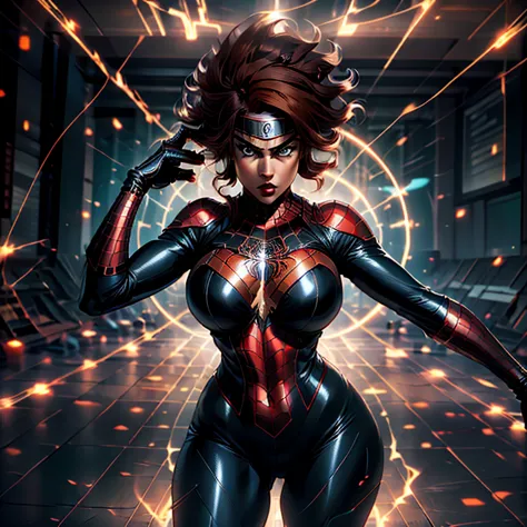 Spider-Woman, a bold and agile heroine around 30 years old, flaunts her curvaceous figure with ample bosom. Her jet-black costum...