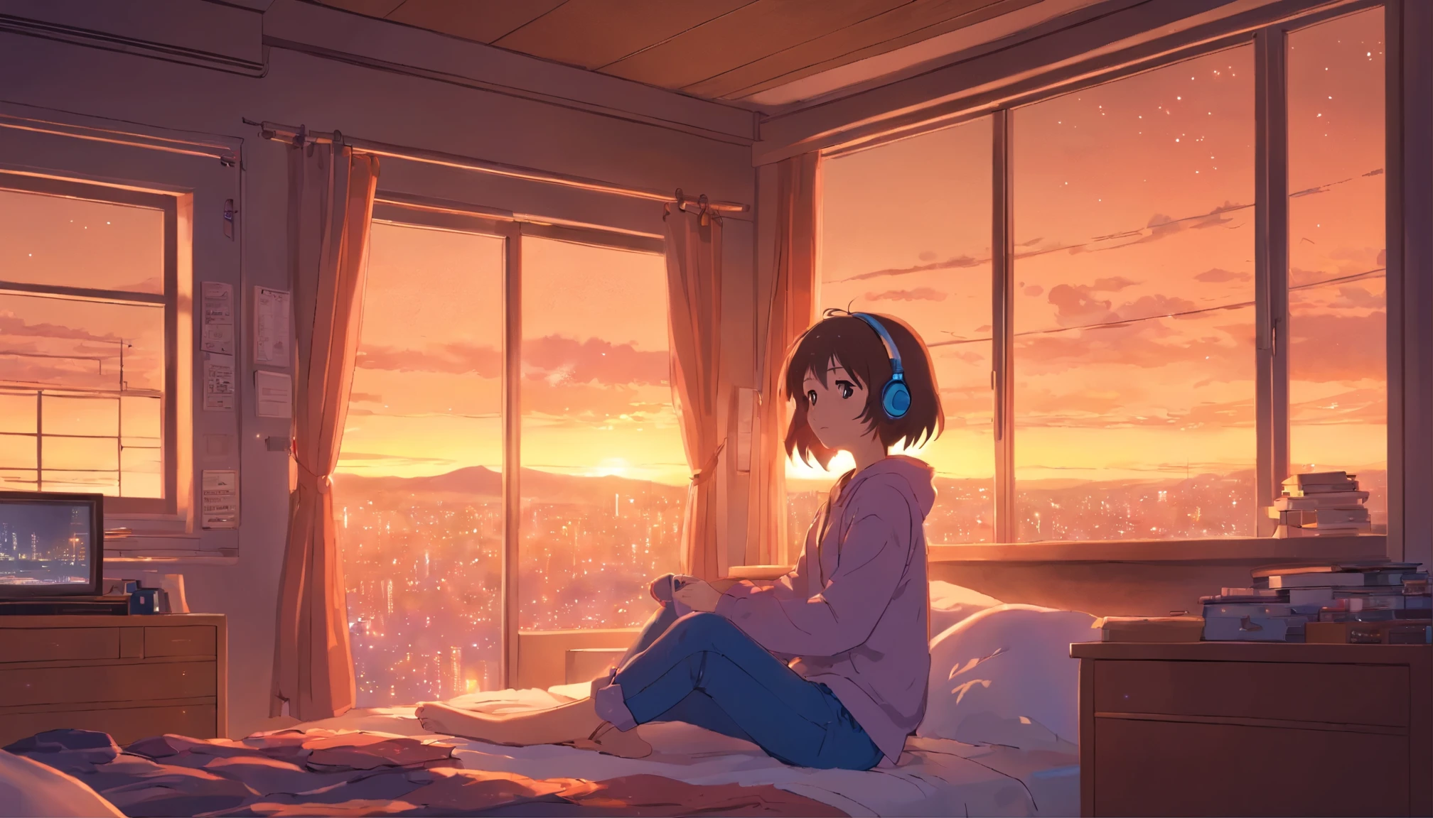 Anime girl sitting in front of cozy bedroom, Girl listening to music in cozy room (night), Use headphones, on the roof, (beautiful night views from windows), A lot of things, 2D anime style, 90s anime aesthetic, Lo-Fi, Very detailed, harddisk, anime style mixed with fujifilm, Surreal, 8k, masterpiece