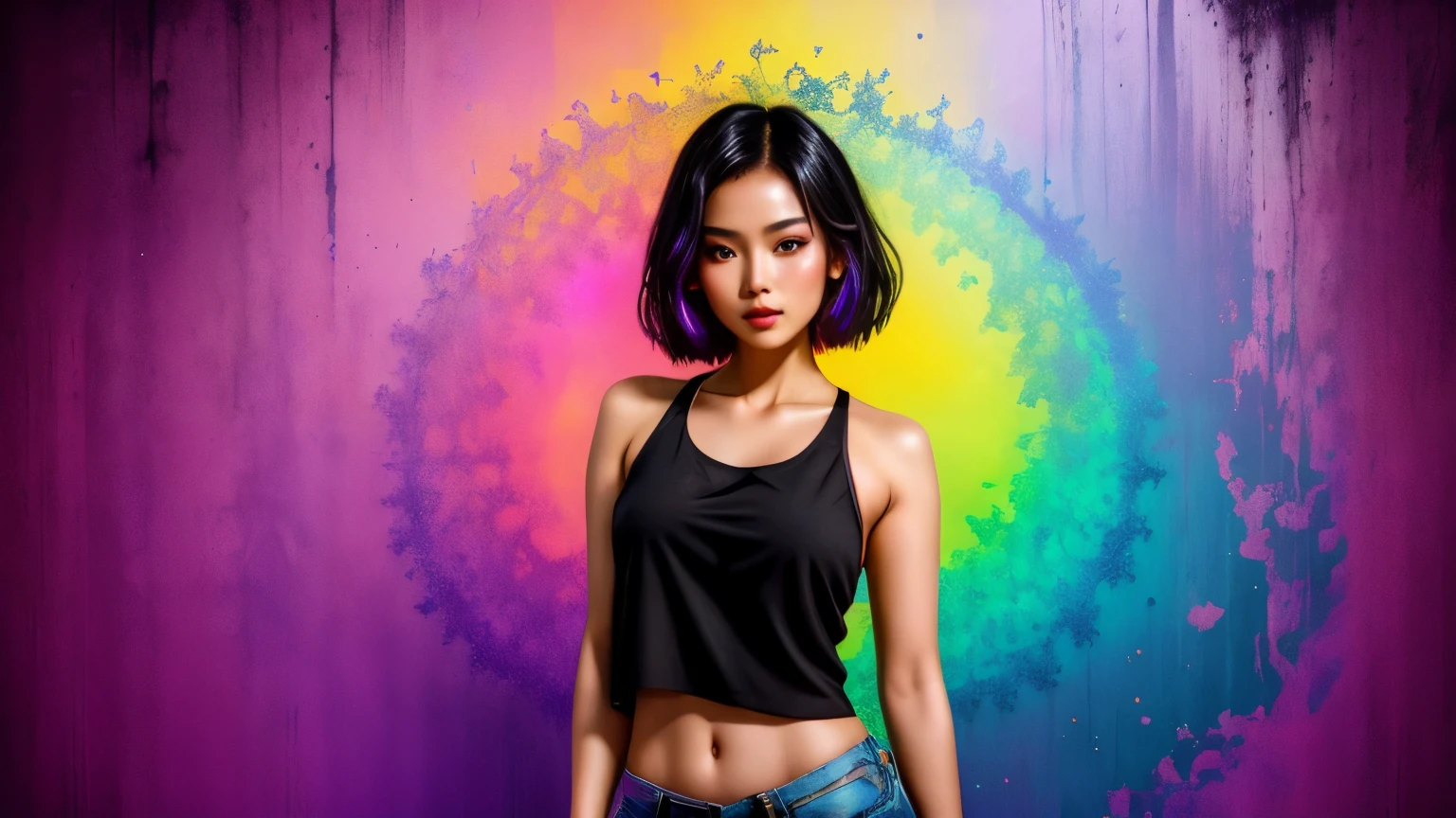 SCHÖNE JUNGE FRAU, Schön, Schön, Fraktal, mittlere Weite eines modularen INDU [Poulomi Das], trägt ein romantisches Tanktop, Lavendel Make-up, Saure Farben und Regenbogenhintergrund., Am Mittag, Visual Novel, Industriekunst, Schwarze Beleuchtung, Lomographie,