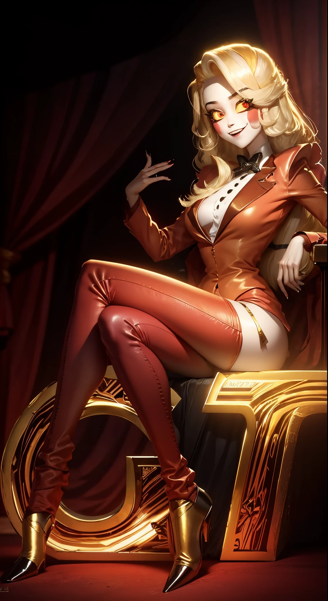 Distorted fantasy letters, (Letters in the background), symmetric, (Gold bars ), diamonds, Charlie Morningstar, long hair, red costume, red pants, 1 girl, yellow sclera, blonde hair, White skin, perfect anatomy, smiling, is sitting, The head is turned towards the viewer