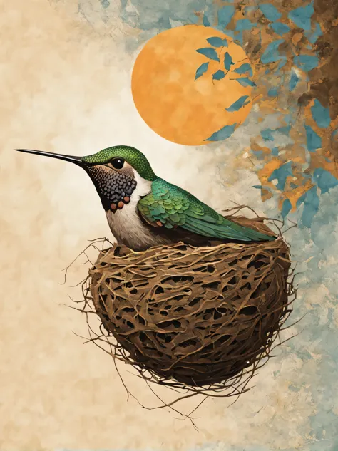 Hummingbird nest, Moon Profile, halftone pattern, editorial illustration of hummingbird nest, high texture, genre-defining mixed...
