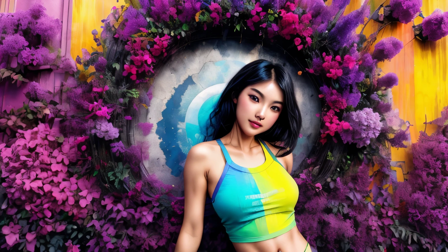 YOUNG PRETTY GIRL, lovely, beautiful, smiling with open mouth, sensual, arms open towards the viewer, fractal, Wide shot of a Modular INDU [Poulomi Das], wearing a romantic tank top, Lavender Makeup, Acid colors and rainbow background., at noon, visual novel, Arte Industrial, black lighting, lomography,