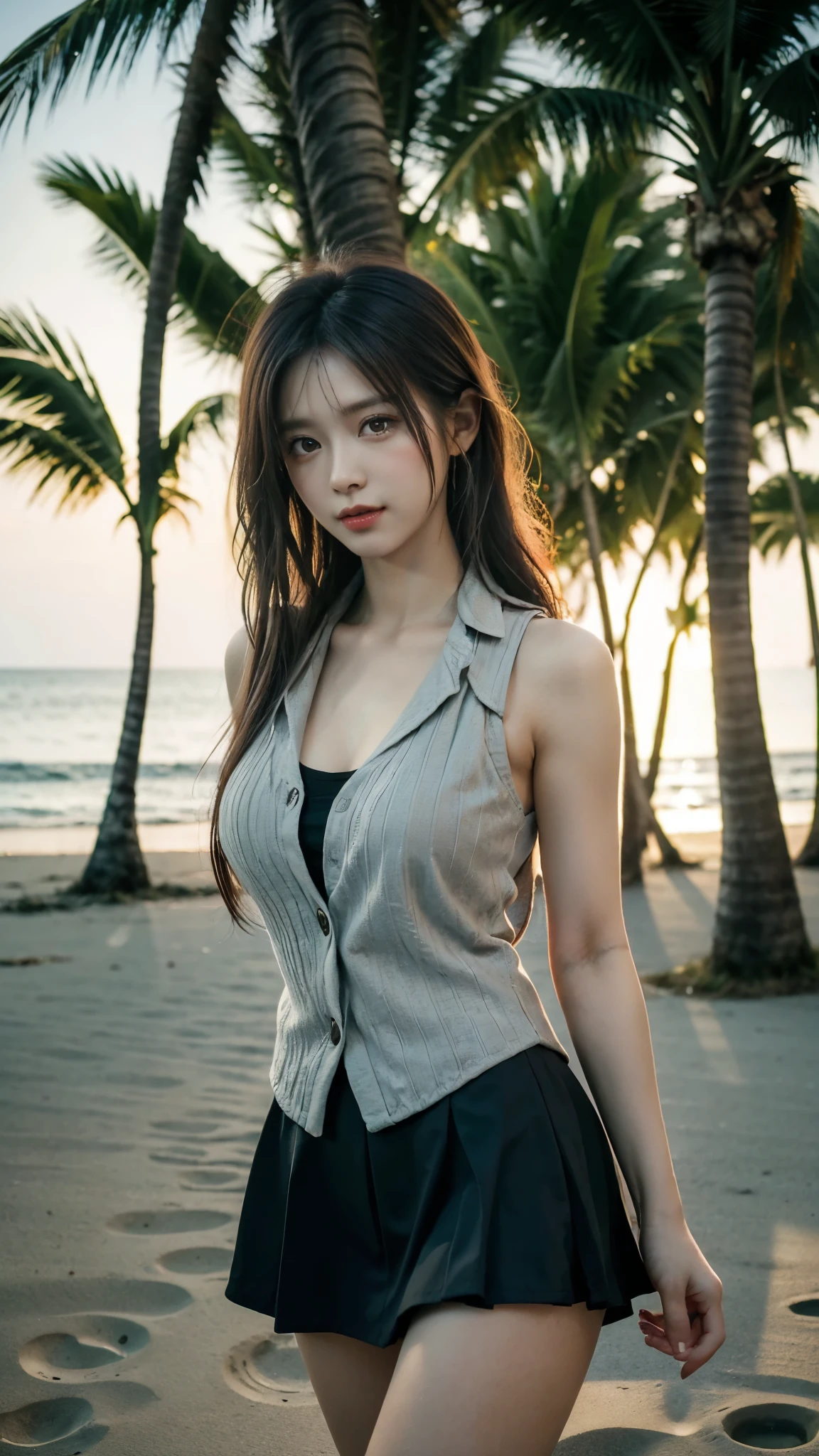 Super detailed 8K photos of Japanese gravure models，Shoulder-length wavy hair and striking hazel eyes. She strikes a seductive pose on a tropical beach, dress chicly, Vest,  mini skirt, The setting sun casts a warm light on her, when she naughtily, Seductively look at the camera, Surrounded by peaceful and beautiful ocean and palm trees