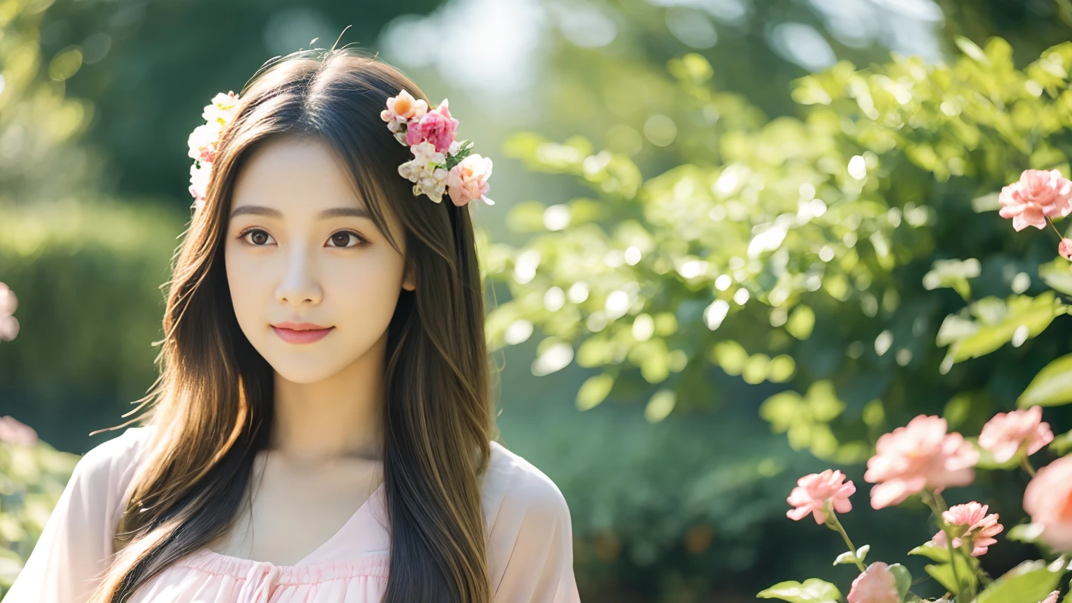 a girl with beautiful eyes and lips, in a garden, holding a qianqian jade hand, with her long eyelashes swaying in the breeze. The girl is wearing a flowing dress that matches the serene and peaceful atmosphere of the garden. The garden is filled with colorful flowers and lush greenery, creating a vibrant and inviting scene. The sunlight filters through the leaves, casting a soft and warm glow on the girl's face. The overall image should have the best quality, with a high level of detail and a realistic, photorealistic style. The color palette should be vivid and vibrant, with a touch of a pastel hue, enhancing the dream-like quality of the scene. The lighting should be natural and gentle, illuminating the girl's face in a soft and flattering way.