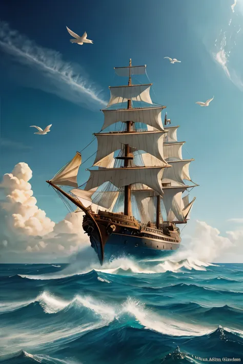 
fantasy world, raging sea, a ship is floating on the sea, carried by the waves. the ship looks like a galleon