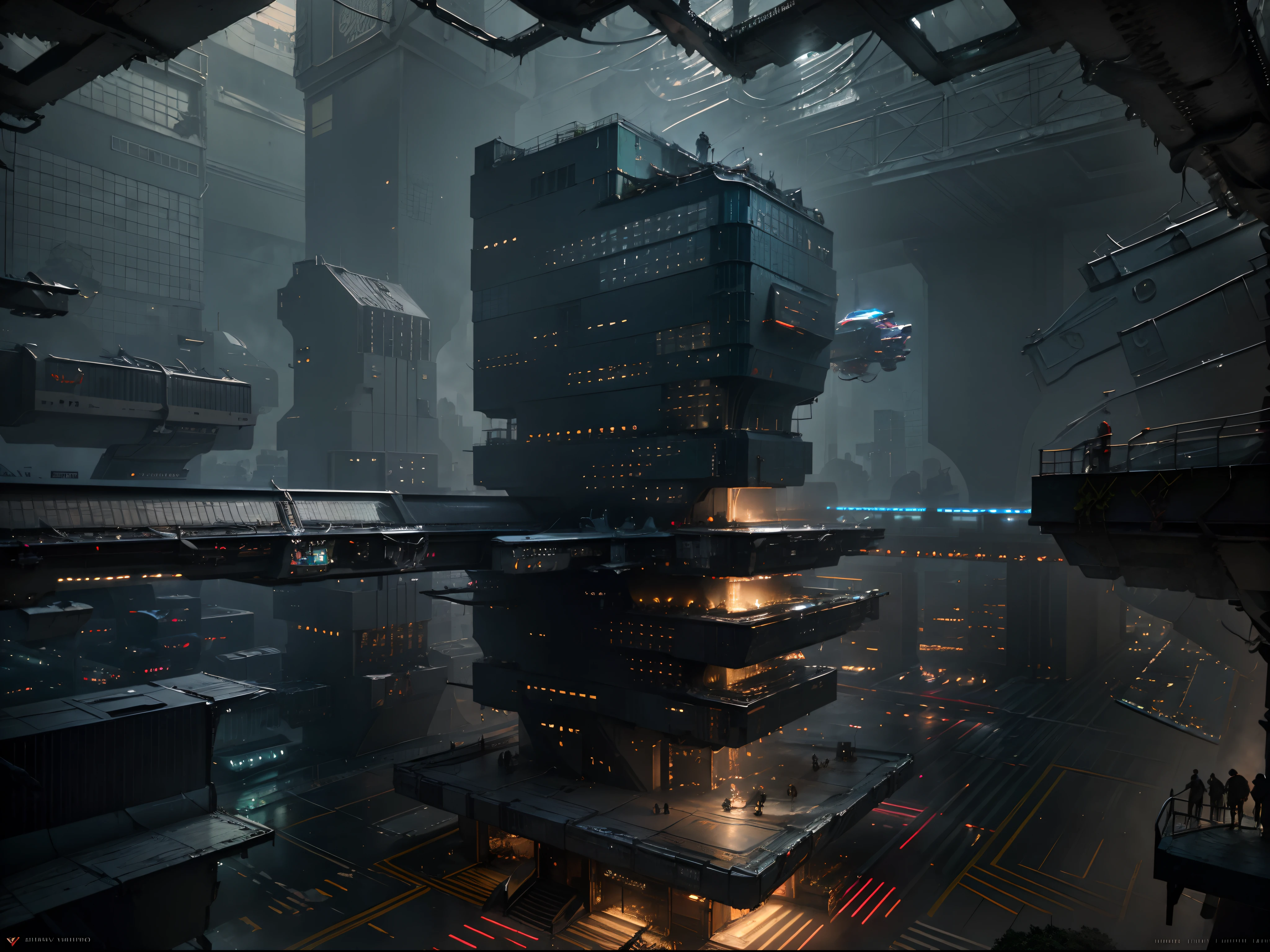 Paisaje urbano cyberpunk con imponentes rascacielos, señales de neón, y coches voladores.