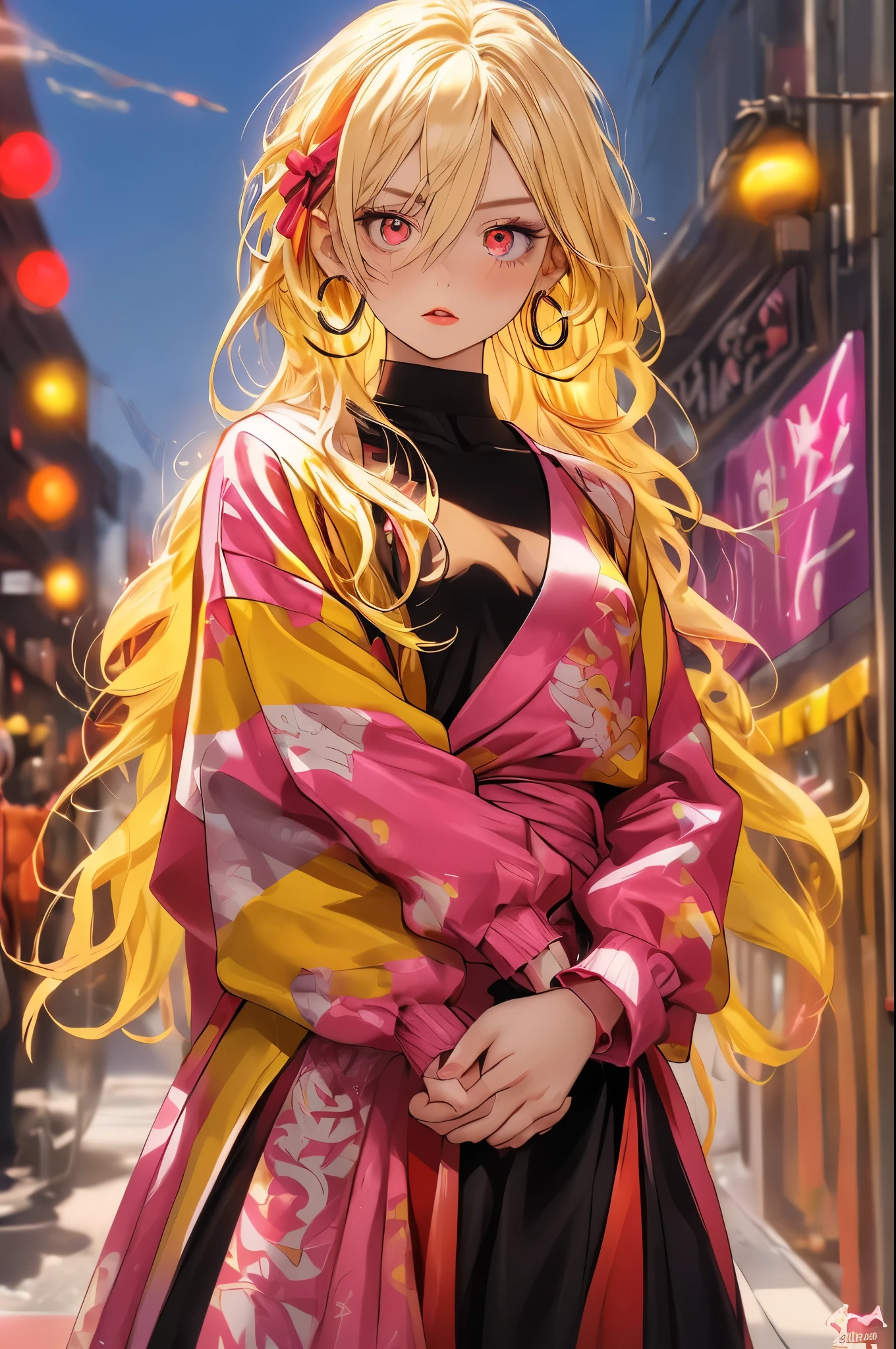 Upper body standing painting, yellow style, (1 ), (alone), (cent, small), long blonde hair, looking at the viewer, Blue eyes background, white background, gem, Jacket, golden hair、straight hair, right ear ring, red eyes, choker necklace, sweater, eyelash, cosmetics, curly, punching, lipstick, ear piercing, eye shadow, hoop earrings, Red-pink lips, multicolored eyes, Yellow theme, 赤いeye shadow,Wearing a rainbow-colored aura from the whole body、purplish color, outdoor, Purple background, upward glance、Shadow lighting,Hands folded behind the waist,join your hands behind your back、Decisive pose、Detailed CG, (perfect hands, perfect anatomy,Cherry hairpin、accessories