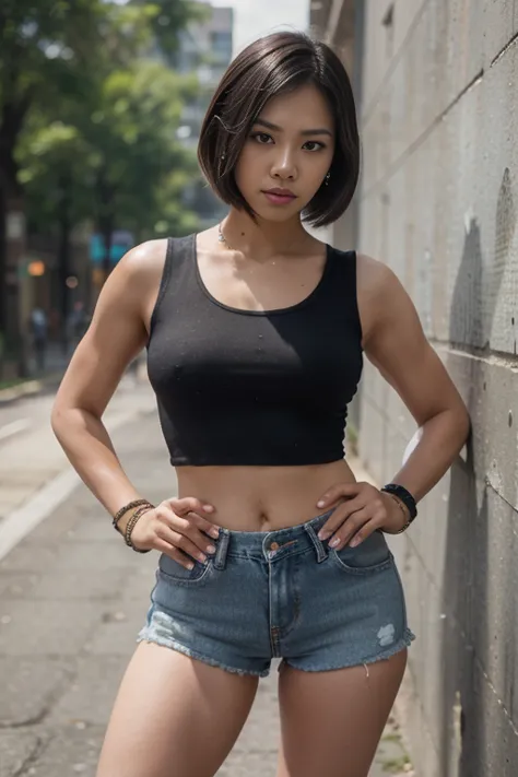 Dslr photo, (8k, 4k, masterpiece),beautiful pretty filipina asian woman, (punk), outdoors, street, sleeveless black cropped shir...