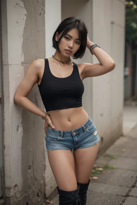 dslr photo, (8k, 4k, masterpiece),beautiful pretty filipina asian woman, (punk), outdoors, street, sleeveless black cropped shir...