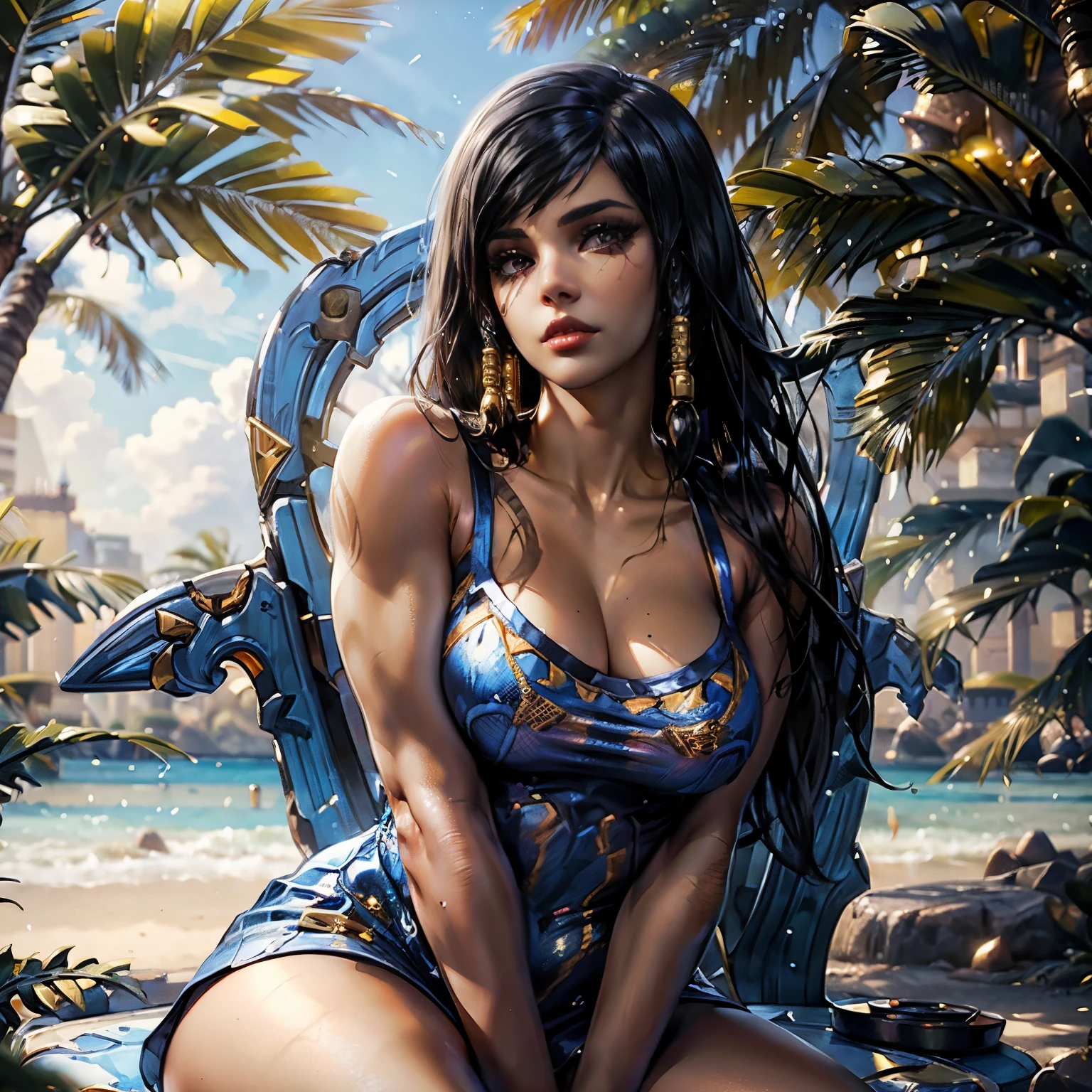 hyper realistic, highly detailed masterpiece of beautiful Pharah from Overwatch, (sitting on thrown:1.3), curvy thick body , tanned skin , black braided hair, perfect face features, thick kissable lips, golden eyes, thick eyebrows, eyelashes, thin nose, glowing eyes, thick eyeliner, golden accessories, jewelries,  muscular body shape , wearing white see through nuisette , seductive look, (see-through dress:0.99), 
