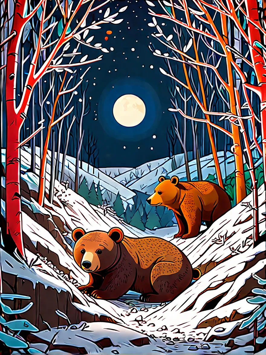 snowy jungle，night，moon，Cute hibernating brown bear，((complex sheltered lair:1.5))，Dead branches，Leaves, graffiti in the style o...