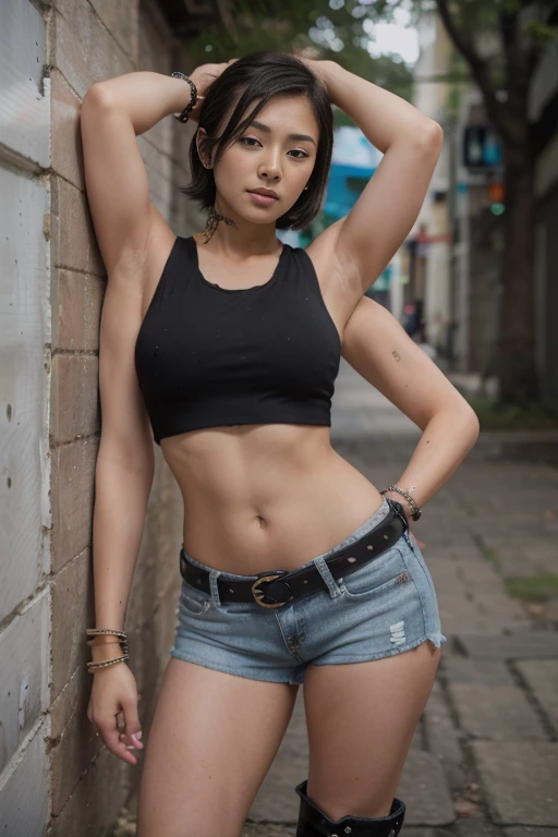 Dslr photo, (8k, 4k, masterpiece),beautiful pretty filipina asian woman, (punk), outdoors, street, sleeveless black cropped shirt, denim shorts, short dark hair, bracelets, arm bands, blurry background, (lower hands on hips), (elbows out), boots, full subject in frame, full body view, slim body, muscular female, leaning against wall, tough, (extraarms:1.2), (four arms), (upper hands on head), bare shoulders