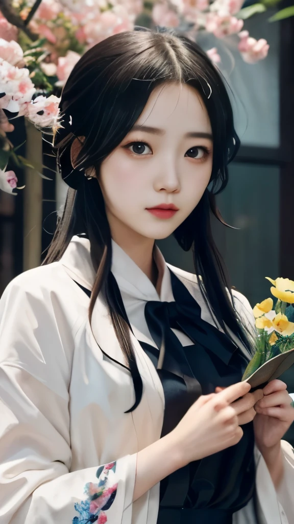 anime girl with flowers in her hands and a butterfly in her hand, guweiz, artwork in the style of guweiz, ethereal anime, dreamy psychedelic anime, hanayamata, soft anime illustration, anime visual of a young woman, anime visual of a cute girl, beautiful anime artwork, digital anime illustration, anime illustration, guweiz masterpiece，黑色长头发，蝴蝶香奈惠Kochou Kanae，黑色长头发，黑色长头发，黑色长头发，