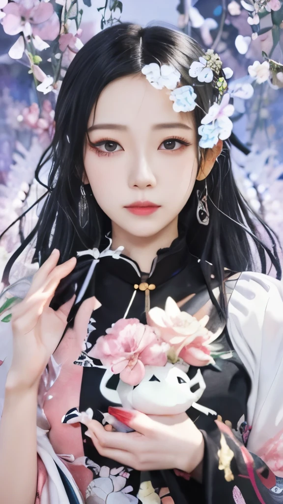 anime girl with flowers in her hands and a butterfly in her hand, guweiz, artwork in the style of guweiz, ethereal anime, dreamy psychedelic anime, hanayamata, soft anime illustration, anime visual of a young woman, anime visual of a cute girl, beautiful anime artwork, digital anime illustration, anime illustration, guweiz masterpiece，黑色长头发，蝴蝶香奈惠Kochou Kanae，黑色长头发，黑色长头发，黑色长头发，